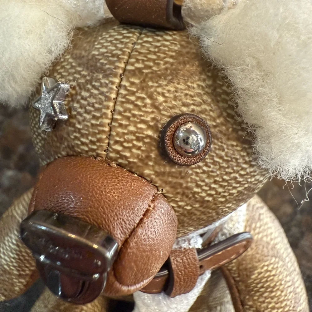 Rare Coach Monogram Tan and Cream Sitting Teddy Bear Keychain